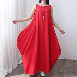 Domary Vestido de túnica feminina maxi sem mangas, bolsos tamanho maior, pescoço longo solto Mori vestido tanque swing branco/vermelho