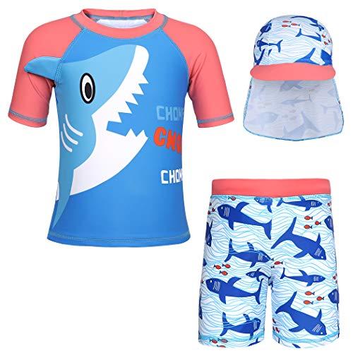 Cotrio Maiô de duas peças crianças meninos sharks rashguard camisas de natação roupa de banho com Shorts + Boné tamanho 6T / 4-5 anos azul