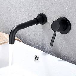 Torneira para montagem na parede do banheiro, bico pode girar 360 graus, preto fosco moderno, torneira para pia de banheiro, alça única, 2 furos e válvula áspera para banheiro, torneira misturadora de torneira de banheiro