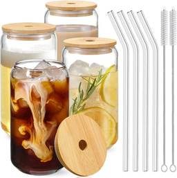 Conjunto de 4 peças de copos com tampas de bambu e canudo de vidro – copos de vidro em forma de lata de 16 onças, copos de cerveja, copos de café gelado, copo fofo, ideal para coquetel, uísque, presen