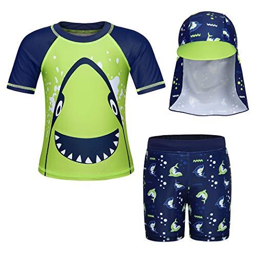 Cotrio Traje de banho tubarão de 2 peças para meninos conjunto de Proteção Rash conjunto de maiô infantil de mangas curtas para crianças com tampa tamanho 5T / 3-4 anos verde