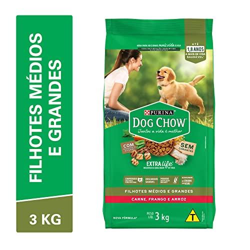 Nestlé Purina Dog Chow para Cães Filhotes Médios e Grandes Sabor Carne Frango e Arroz, Pacote 3kg