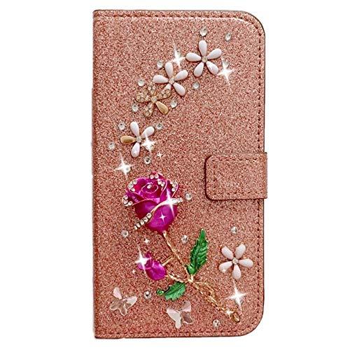 Capa carteira XYX para Samsung Galaxy J6 Plus, [flor rosa 3D] couro PU brilhante glitter capa carteira para mulheres e meninas, ouro rosa