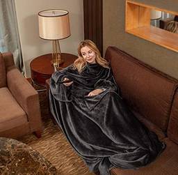 Cobertor de TV com cobertura para os pés cobertor vestível unissex com mangas cobertor de flanela aconchegante para sofá para s masculinos femininos (140*180 cm) azul-marinho
