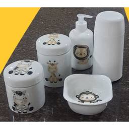 Kit higiene bebê Safari 5 peças - potes, porta álcool, garrafa térmica e molhadeira - Peças Porcelana