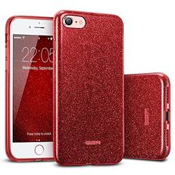 ESR Capa Glitter compatível com iPhone SE 2020, iPhone 8/7, três camadas, compatível com carregamento sem fio, para iPhone SE 2 (2020), iPhone 8/7, vermelho brilhante